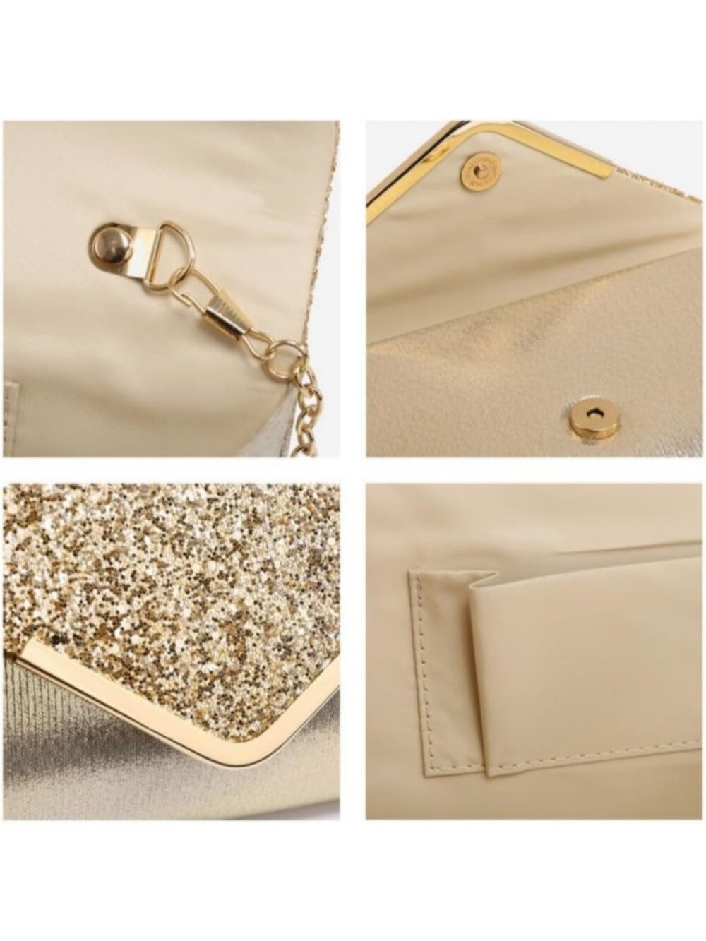 Women's Gold Glitter Clutch Purses For Wedding Party Prom With Shoulder Strap - Picture 6 of 6